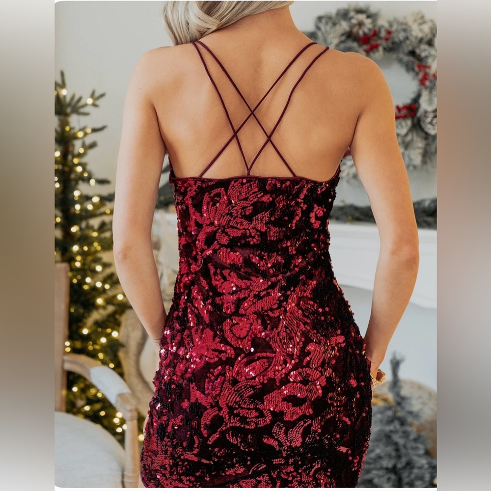 Faux Fur Burgundy Jacket and Midi Sequin Prom Dress - Picture 9 of 10